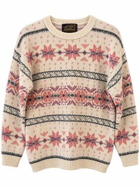 Vintage Eddie Bauer Women’s Pink Cream Fair Isle Snowflake Ski Sweater wool M